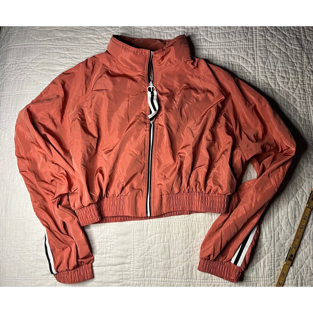 Cute Love Tree W-Med Cropped Windbreaker Jacket Orange Striped Sleeve Zip Up